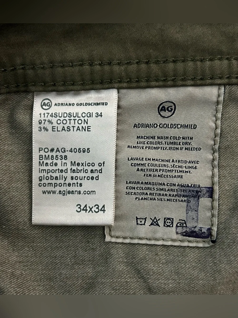 AG Adriano Goldschmied The Graduate Pants Mens 34x26 Green Tailored Leg Cotton